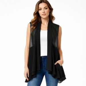 Zoey Black Faux Leather & Chiffon Sleeveless Drape Vest – Women’s Size Medium